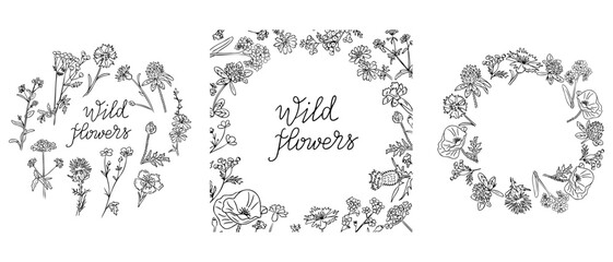 Set of black and white square or round frames in contour doodle style with Wild flowers. Monochrome seasonal botanical wedding invitations isolated on white background