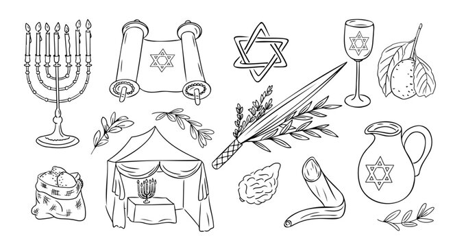Sukkot holiday doodle set. Monochrome vector contour stickers with shofar, menorah and bouquet with palm, willow and myrtle branches isolated on white background. Sketchy drawings