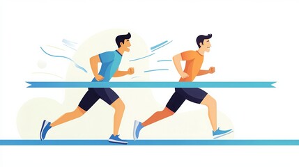 Illustration of two men running a race, crossing the finish line with dynamic movement, representing competition and determination.