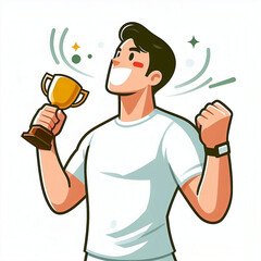Man Celebrating Victory Holding a Trophy in Minimalistic Cartoon Style