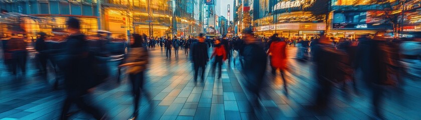 Blurred City Street with People Walking at Night