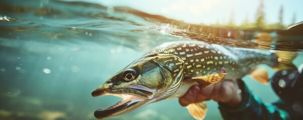 Naklejka premium Angler Holding a Northern Pike Fish at Sunset in Water.