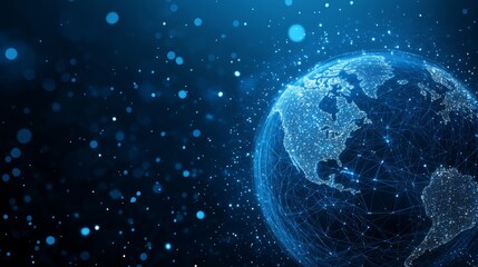 Earth and Magnifying low poly blue. With dark blue background. Low poly wireframe with lines, dots and glowing particles