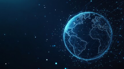 Naklejka premium Earth and Magnifying low poly blue. With dark blue background. Low poly wireframe with lines, dots and glowing particles