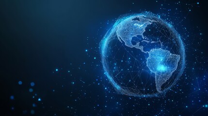 Obraz premium Earth and Magnifying low poly blue. With dark blue background. Low poly wireframe with lines, dots and glowing particles