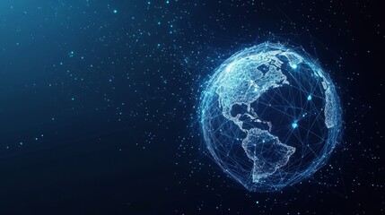 Fototapeta premium Earth and Magnifying low poly blue. With dark blue background. Low poly wireframe with lines, dots and glowing particles
