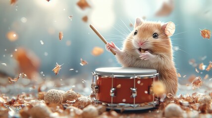 A hamster drumming energetically with tiny instruments in a colorful, lively setting, showcasing its playful and vibrant personality.
