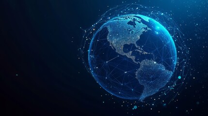 Fototapeta premium Earth and Magnifying low poly blue. With dark blue background. Low poly wireframe with lines, dots and glowing particles