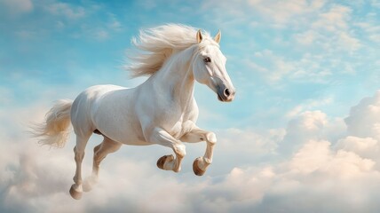 Fototapeta premium A horse with wings soaring through a rainbow-filled sky, adding a fantastical and graceful touch to its elegant presence.