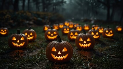 Obraz premium Jack-O-Lanterns: Carved spooky pumpkins at night. Halloween.