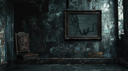 A Single Chair in a Dark, Damaged Room with a Mirror