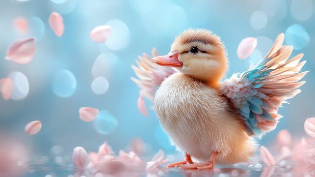 A duck with vibrant wings and a rainbow background, adding a whimsical and magical touch to its appearance.