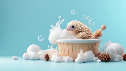 A pangolin enjoying a whimsical bath with playful bubbles and luxurious accessories, set in a cheerful setting.
