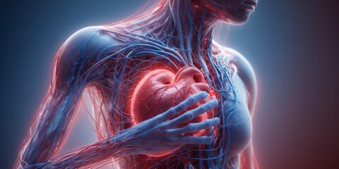 Digital 3D Rendering of Human Body with Red Heart Surrounded by