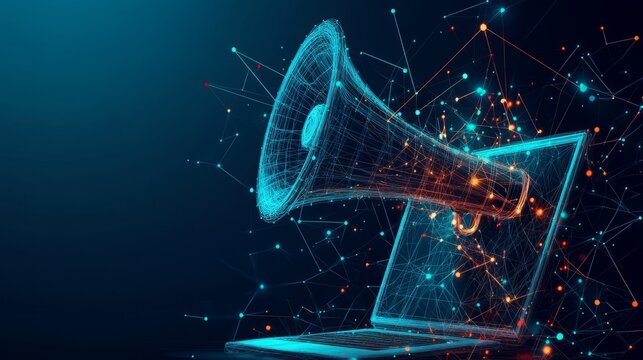 Digital marketing low poly wireframe illustration. Polygonal online notification, Internet targeted advertisement mesh art. 3D laptop and megaphone with connected dots. With dark blue background. Low 