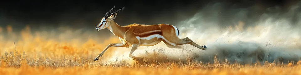Fotobehang A majestic antelope running through golden grass, ideal for wildlife conservation campaigns or adventure-themed projects. © YOAQ