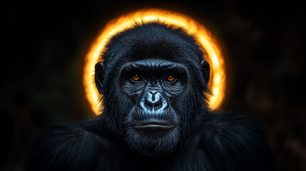 Obraz premium A striking portrait of a gorilla with a halo effect, ideal for ape wildlife conservation campaigns and emotional awareness projects. Design for Wall Art, Poster Print, Wallpaper & Background