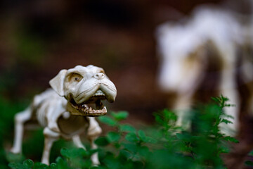 Skeleton dog Halloween decorations. Halloween skeleton for decorated house. Scary dog skeletons Decorated at front yard of a American home. Trick or treat. Halloween background. Holiday of Halloween.