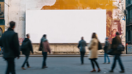 Mockup blank horizontal billboard white LED screen for advertising. Public people walking in movement motion blur style
