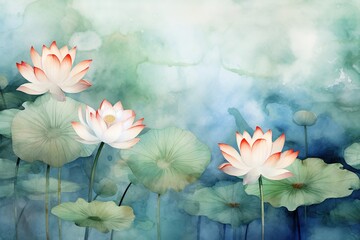 A collection of floral design of lotus flowers, watercolor art, soft pink color. With space for text. Design of fabric, wallpaper, postcards, layouts.