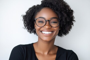 Obraz premium Smiling Young Woman with Curly Hair and Glasses in a Black Shirt Against a White Background 