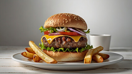 Hamburger with fries