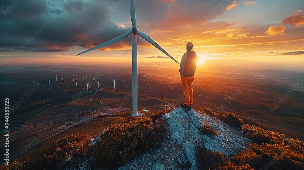 Poster an engineer stands on top of a windmill and looks at a beautiful sunset landscape. taken from an ele