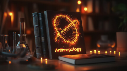 A warm and cozy scene featuring an anthropology book amidst laboratory glassware and candlelight, ideal for educational events or promoting academic themes.