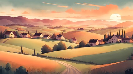 Obraz premium A painting of a rural landscape with a sun in the sky