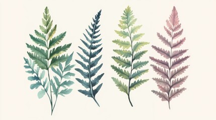 Fern plants flat design, side view, woodland flora theme, water color, Triadic Color Scheme