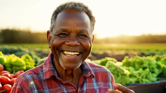 Middle aged African American male farmer with his vegetable crop. Natural products as the basis of health at any age. He is standing a field in front of table with vegetables.