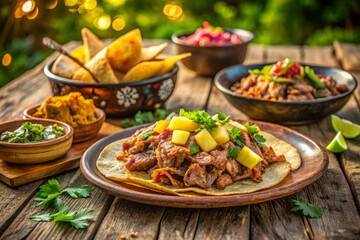 Soft golden light highlights tender Pibil Beef carnitas with refried beans, grilled pineapple, and crispy tortilla chips on a worn, wooden outdoor table.