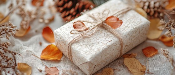  Minimalist gift box with a textured paper and dried flower petals 