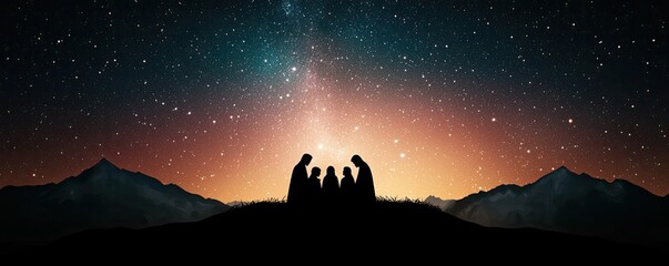 Fototapeta premium Silhouette of group under starry sky, capturing a moment of connection against a stunning celestial backdrop.