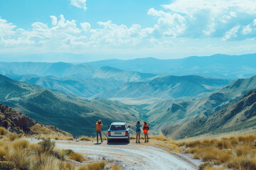 Group of people standing near parked SUV, admiring breathtaking mountain range in the distance. Picture captures essence of adventure, serenity, and natural beauty