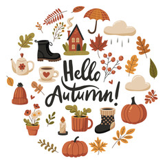 A set of elements on an autumn theme, collected in a circle. Lettering Hello, autumn! Vector illustration in doodle style.