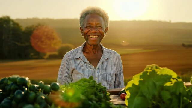 Elder African American female farmer with her vegetable crop. Natural products as the basis of health at any age. She is standing a field in front of table with vegetables.