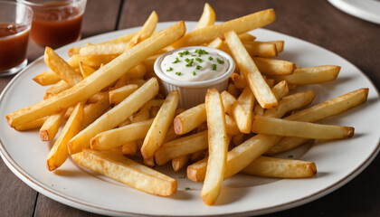 French fries on a plate with white sauce