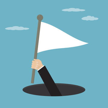 Businessman hand stuck out of deep hole and holding white flag. Business errors, failure and problems. Symbol give up. Surrendering concept. Message truce. Close up view.
