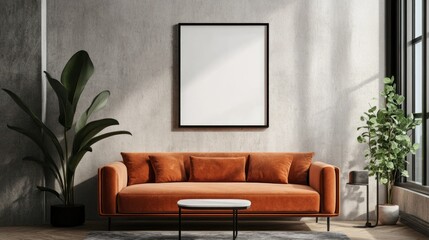 Modern living room with orange sofa, blank frame, and potted plants