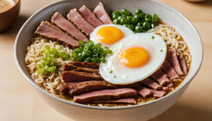 A ramen bowl with eggs, meat and vegetables