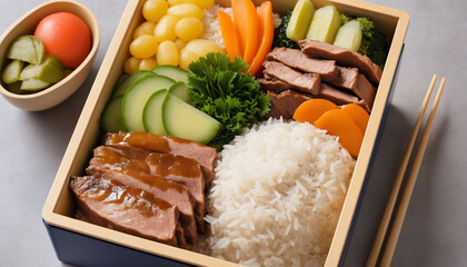 A large bento box with rice, meat and vegetables