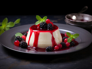 Delicious italian dessert panna cotta with berry sauce