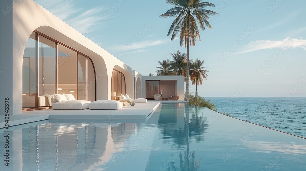 Aufkleber palm trees and minimalist architecture by the pool, white lounge chair sofa. generative ai.