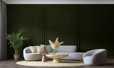 Modern luxury living room interior with a soft beige sofa, textured pillows and green pattern wall background. 3d render.