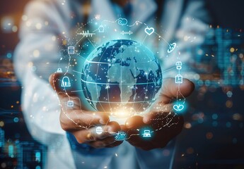 A digital futuristic and technological approach to global healthcare. doctor holding a holographic globe. Surrounding the globe are various icons and symbols related to health and medicine.