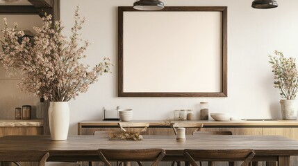 Rustic Kitchen Interior with Empty Frame and Wooden Table