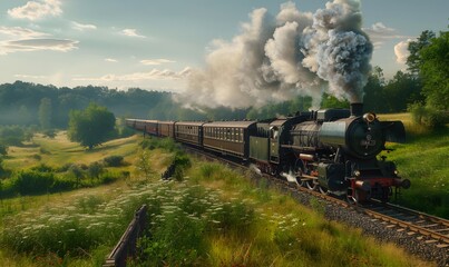 Fototapeta premium Vintage steam train with ancient locomotive and old carriages runs on the tracks in the countryside. 