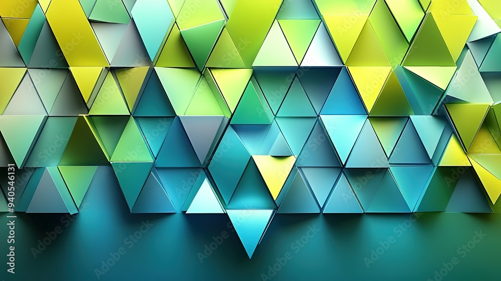 Poster abstract green and blue triangular pattern with depth