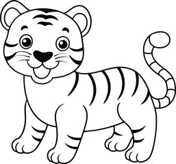 Kids Tiger outline illustration, line art baby tiger happy smiling